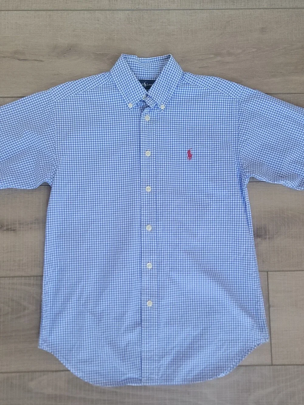 Polo Ralph Lauren Boys Cotton Gingham Blue ShortS Button Down Shirt M 10-12 Prep